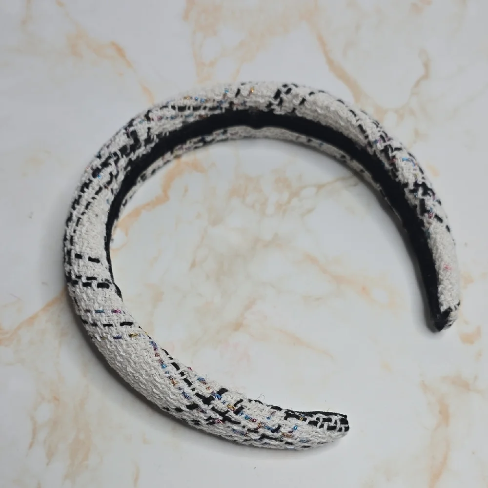Elegant White and Black Multicolor Tweed Headband